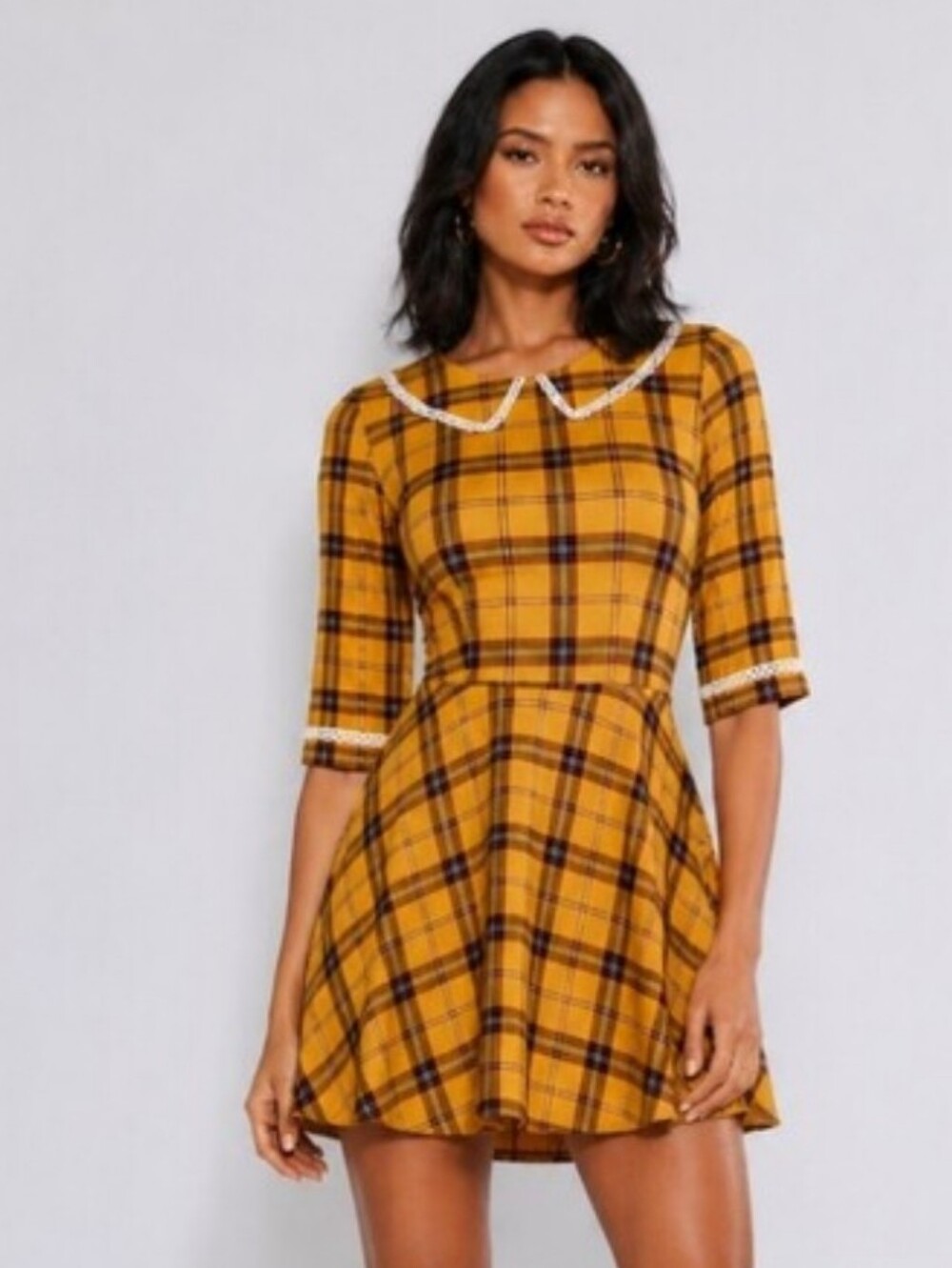 Voodoo Vixen Mustard Plaid Peter Pan Collar Dress 100% Cotton Fit & Flare Size S